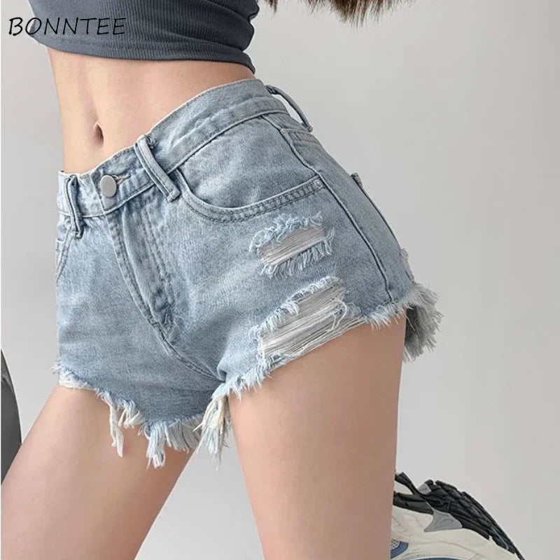 Shorts Women Vintage Hotsweet Denim Solid All-match Leisure Stylish Hole Tassel Sexy Do Old Summer Thin Minimalist Cozy Daily